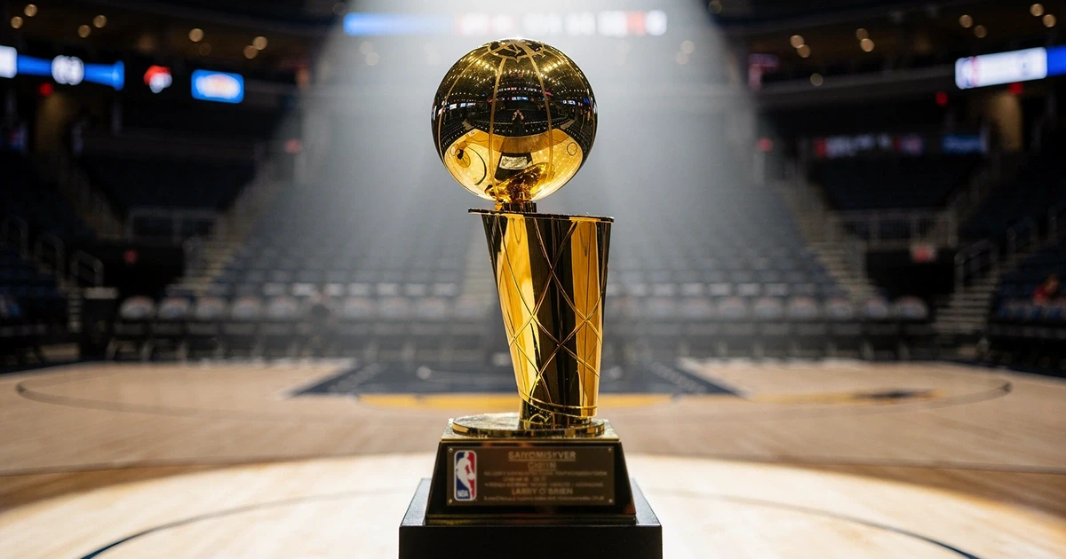 NBA championship trophy on display at arena