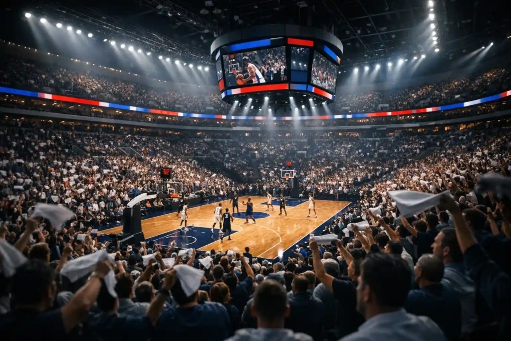 NBA arena crowd during an exciting playoff game moment