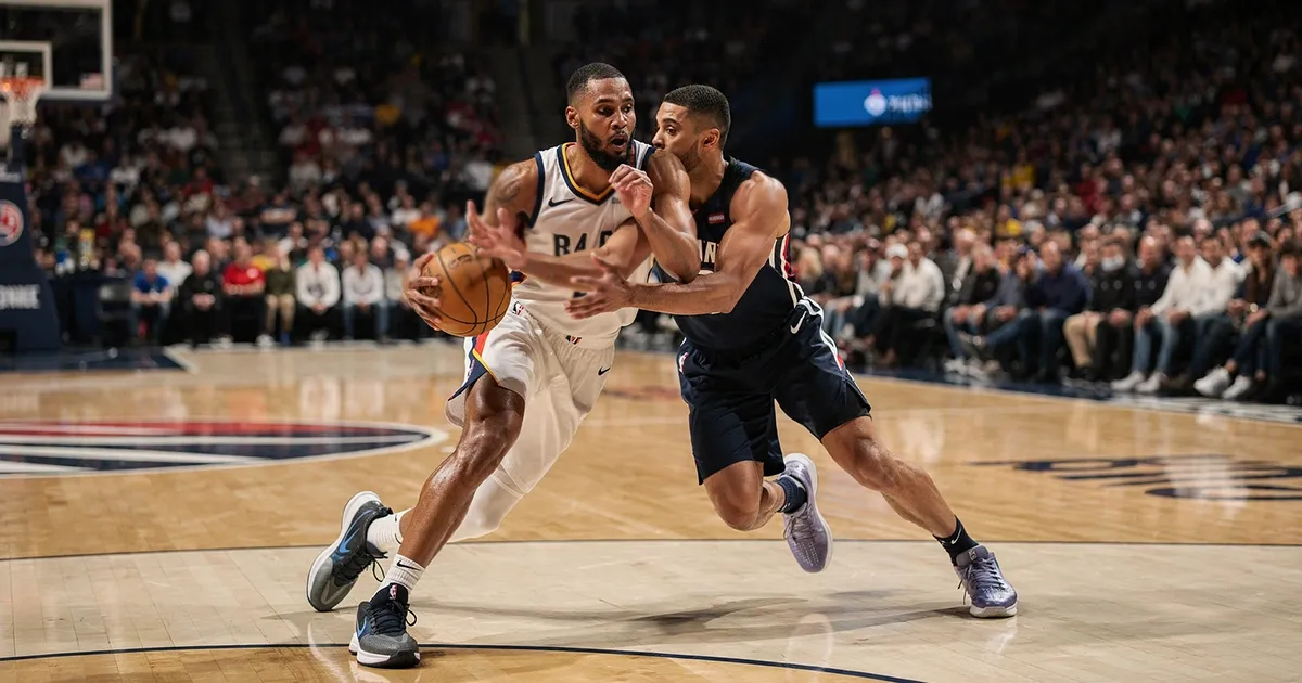 NBA basketball game with players competing on court